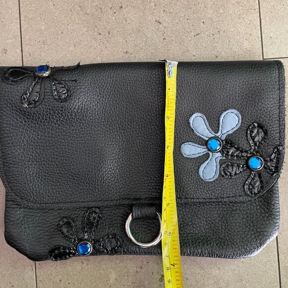 Navy Blue Leather Purse/Clutch with Flower Appliques and  Handle - Picture 8 of 8